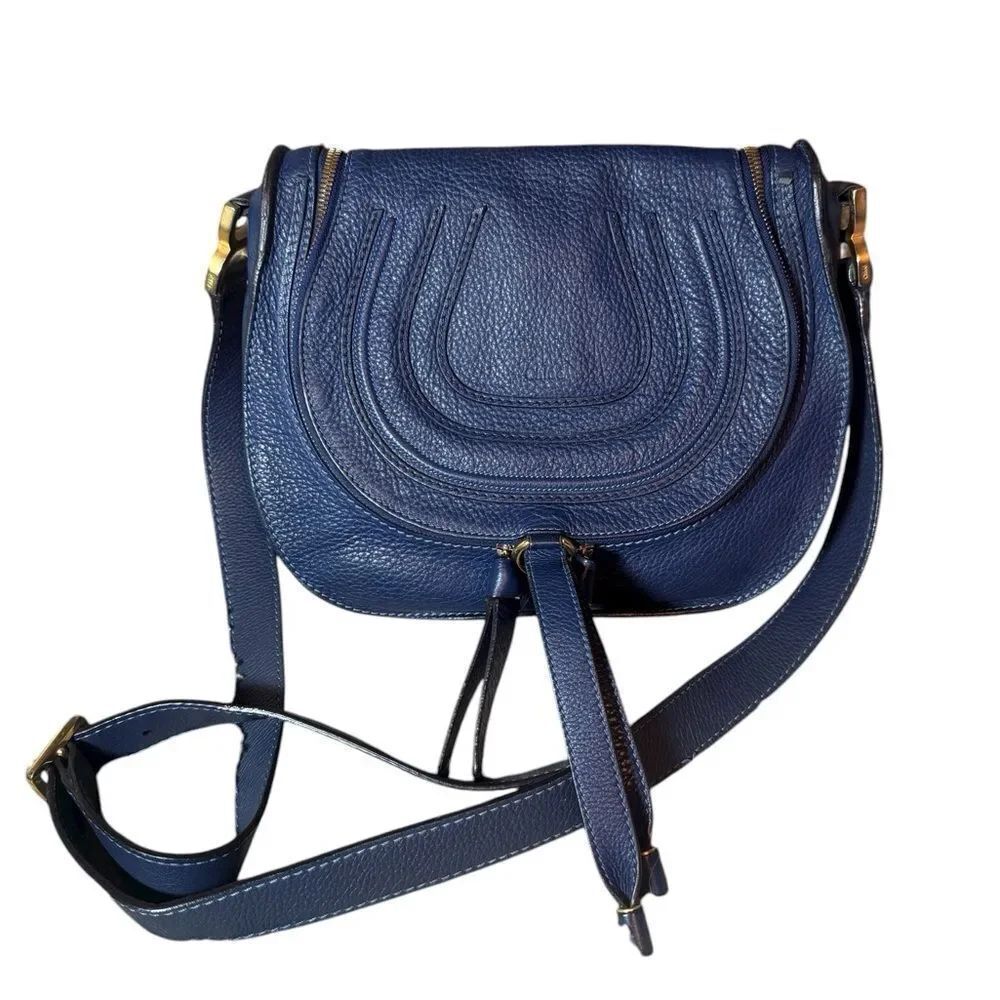 CHLOE Blue Leather Marcie Saddle Crossbody Bag